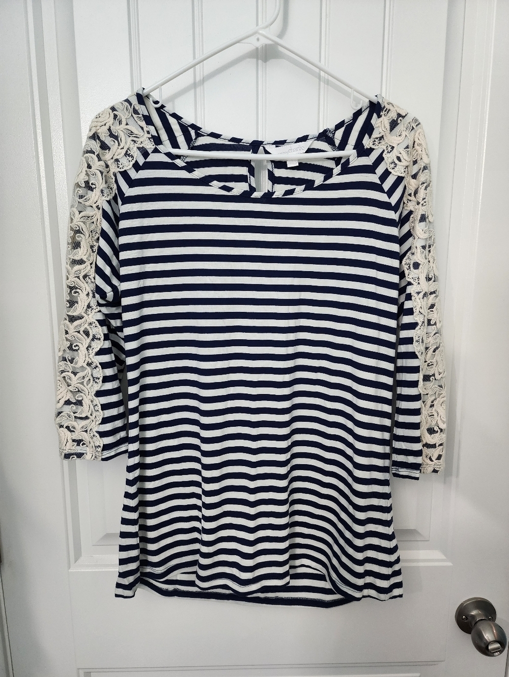 NEW! Charming Charle Navy & White Striped Top w/ Lace-Sleeve's, Size Large